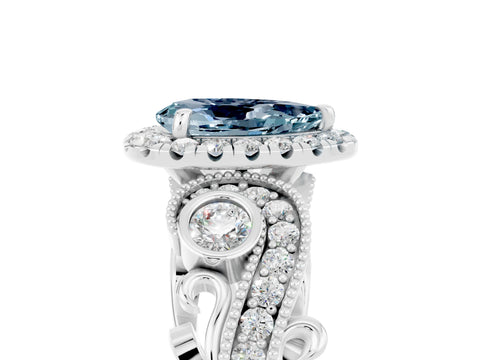 White gold Pear Cut Aquamarine Halo Ring with Milgrain Pavé Band and Four-Prong Setting_17