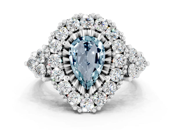 Platinum Pear Cut Aquamarine Halo Ring with Pavé Band and Four-Prong Setting