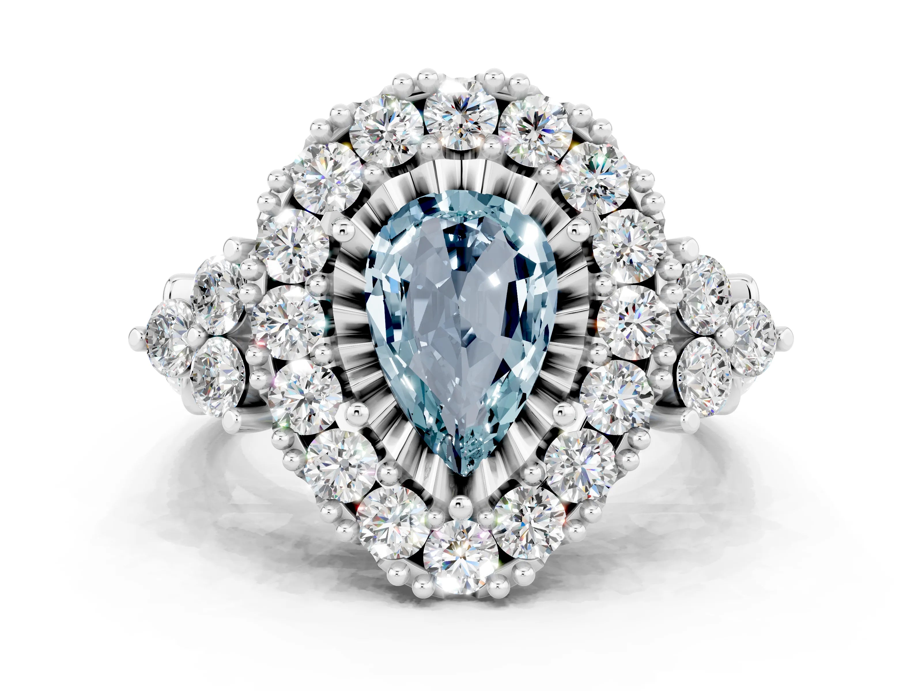White gold Pear Cut Aquamarine Halo Ring with Pavé Band and Four-Prong Setting_12