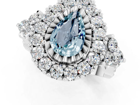 White gold Pear Cut Aquamarine Halo Ring with Pavé Band and Four-Prong Setting_13