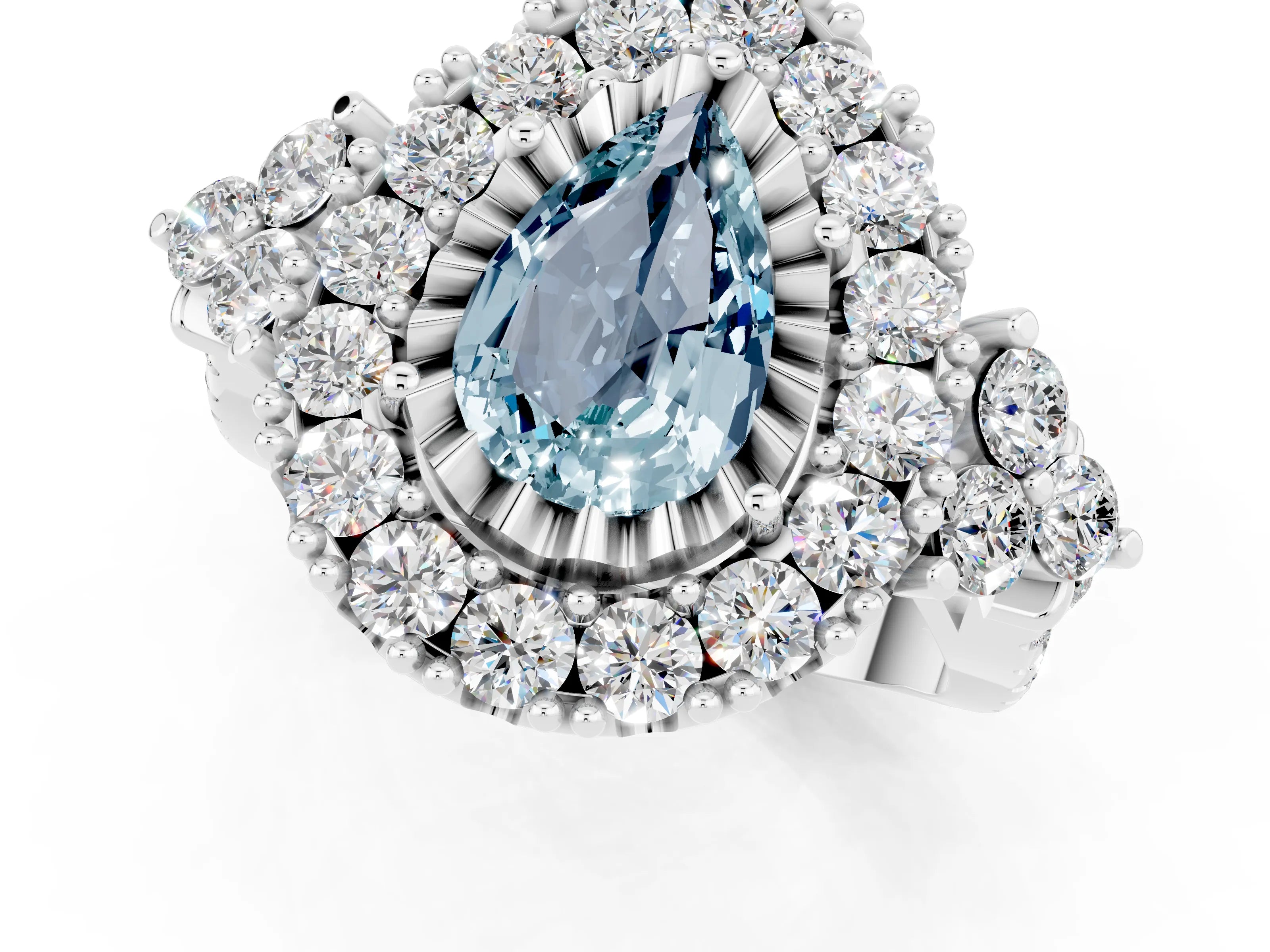 White gold Pear Cut Aquamarine Halo Ring with Pavé Band and Four-Prong Setting_13