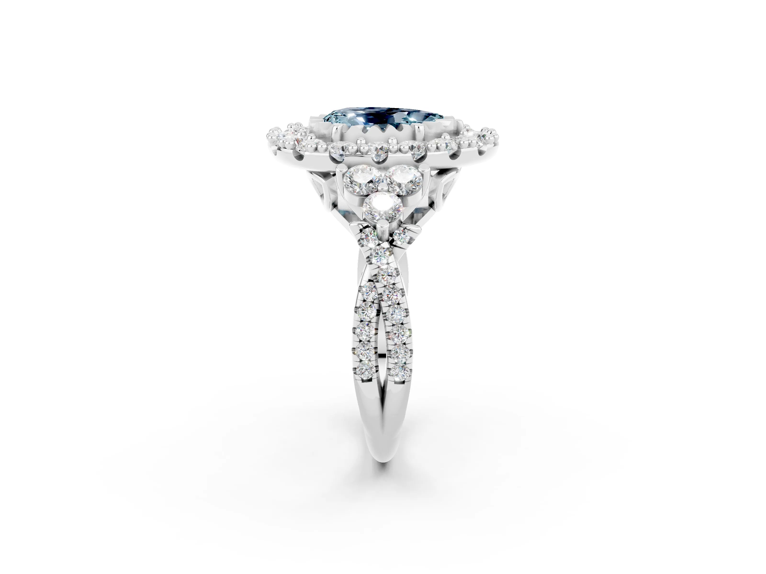 White gold Pear Cut Aquamarine Halo Ring with Pavé Band and Four-Prong Setting_14