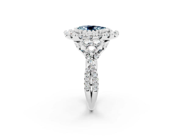 Silver Pear Cut Aquamarine Halo Ring with Pavé Band and Four-Prong Setting