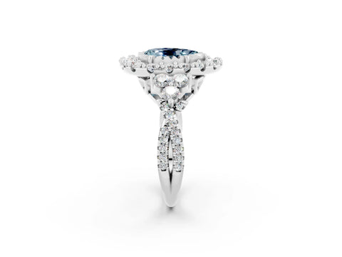 White gold Pear Cut Aquamarine Halo Ring with Pavé Band and Four-Prong Setting_14