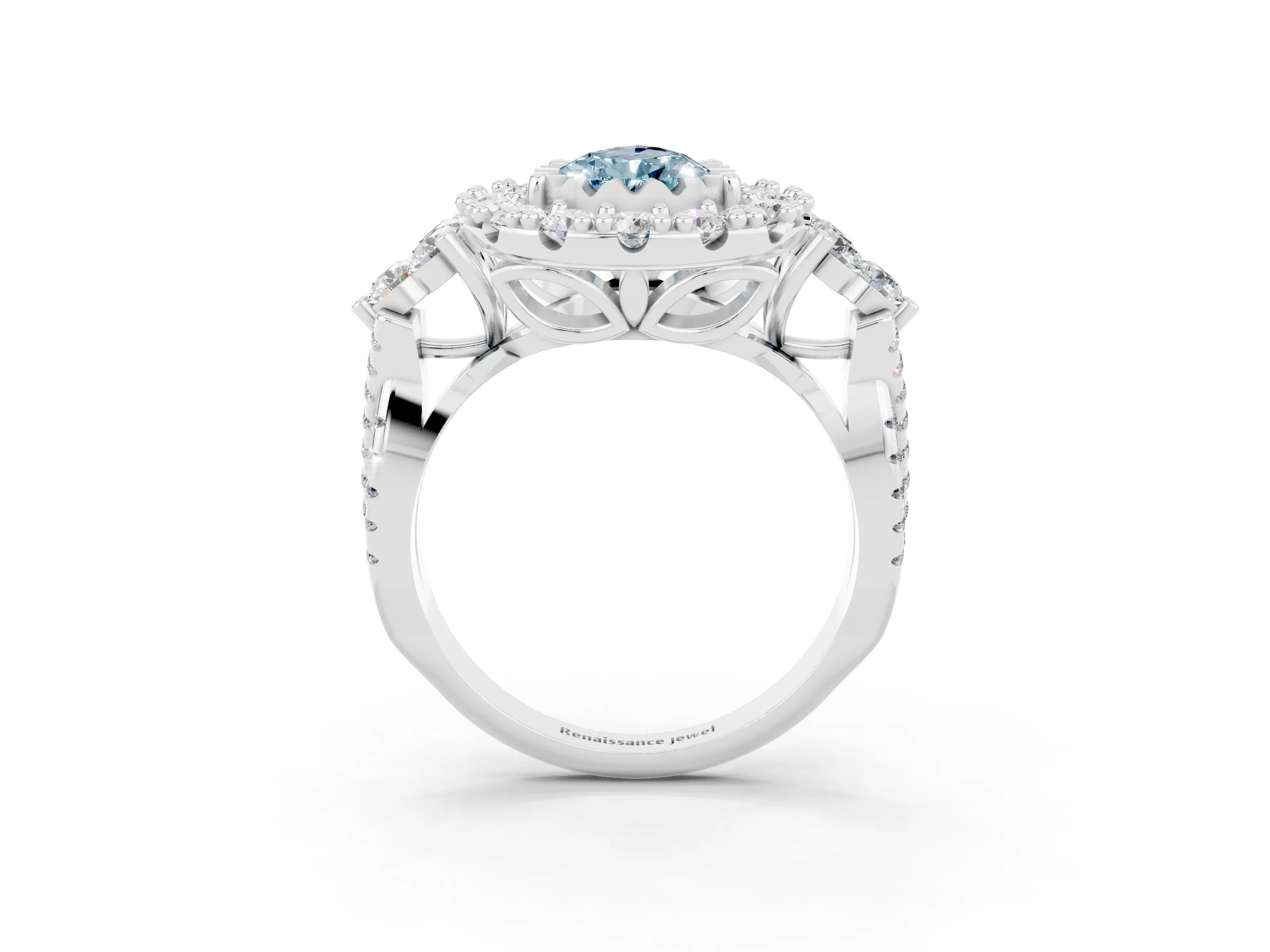 White gold Pear Cut Aquamarine Halo Ring with Pavé Band and Four-Prong Setting_15