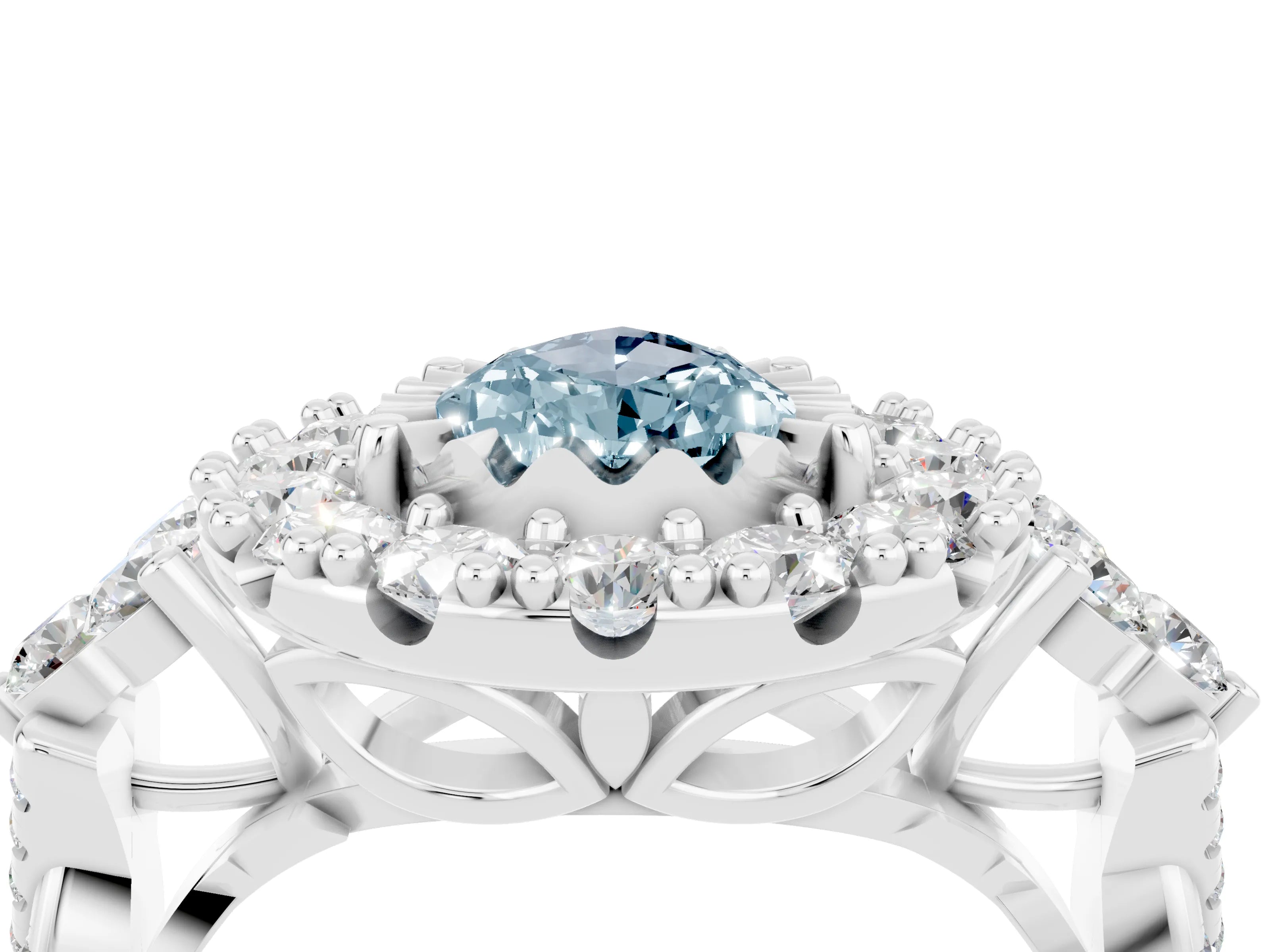 White gold Pear Cut Aquamarine Halo Ring with Pavé Band and Four-Prong Setting_16