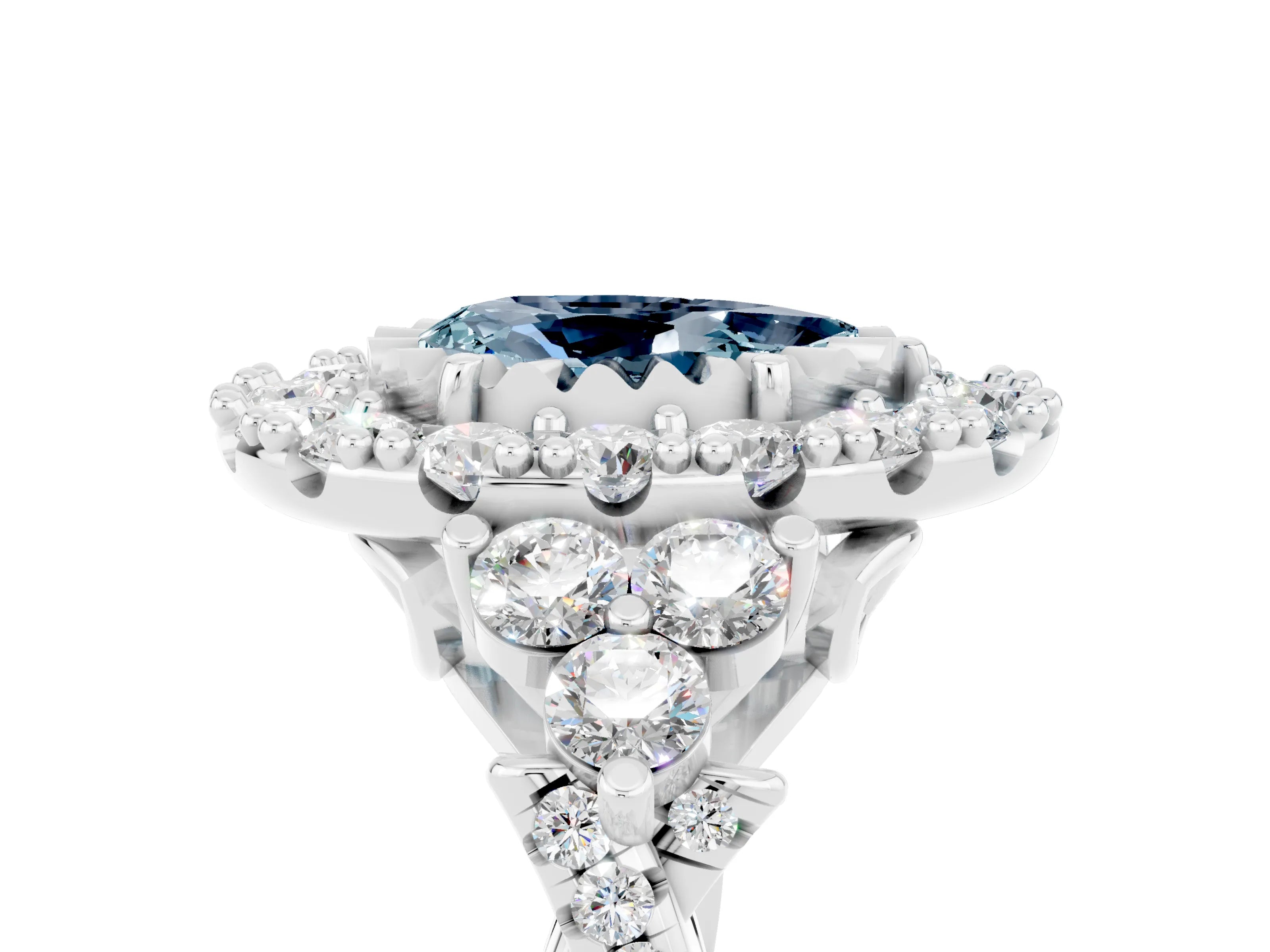 White gold Pear Cut Aquamarine Halo Ring with Pavé Band and Four-Prong Setting_17