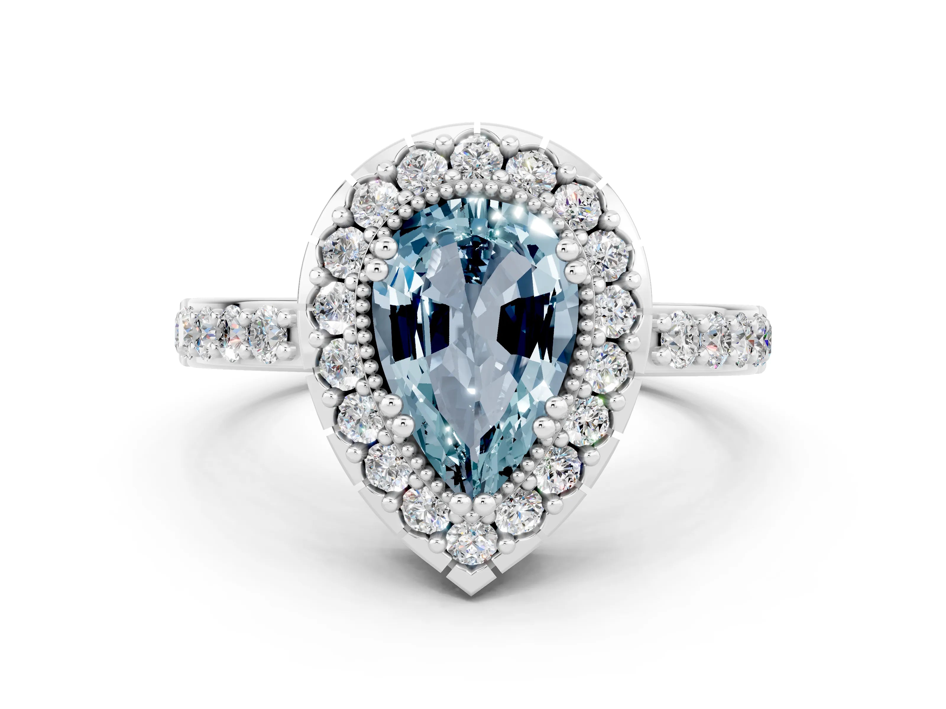 White gold Pear Cut Aquamarine Halo Ring with Pavé Band and Prong Setting