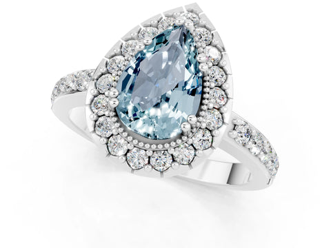 White gold Pear Cut Aquamarine Halo Ring with Pavé Band and Prong Setting_1