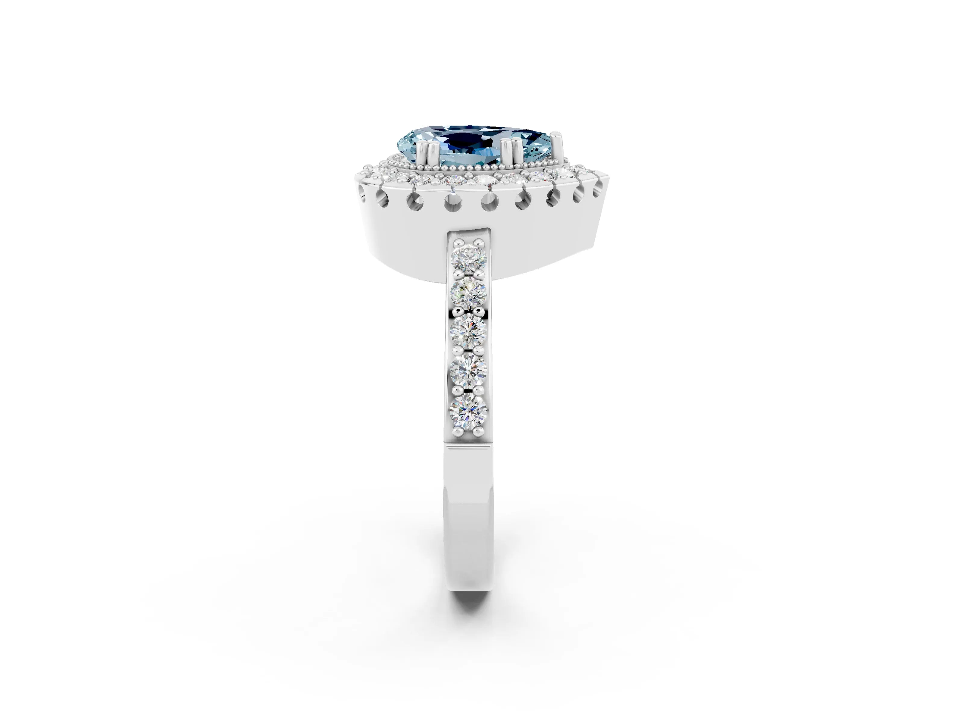 White gold Pear Cut Aquamarine Halo Ring with Pavé Band and Prong Setting_2