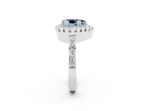 White gold Pear Cut Aquamarine Halo Ring with Pavé Band and Prong Setting_2
