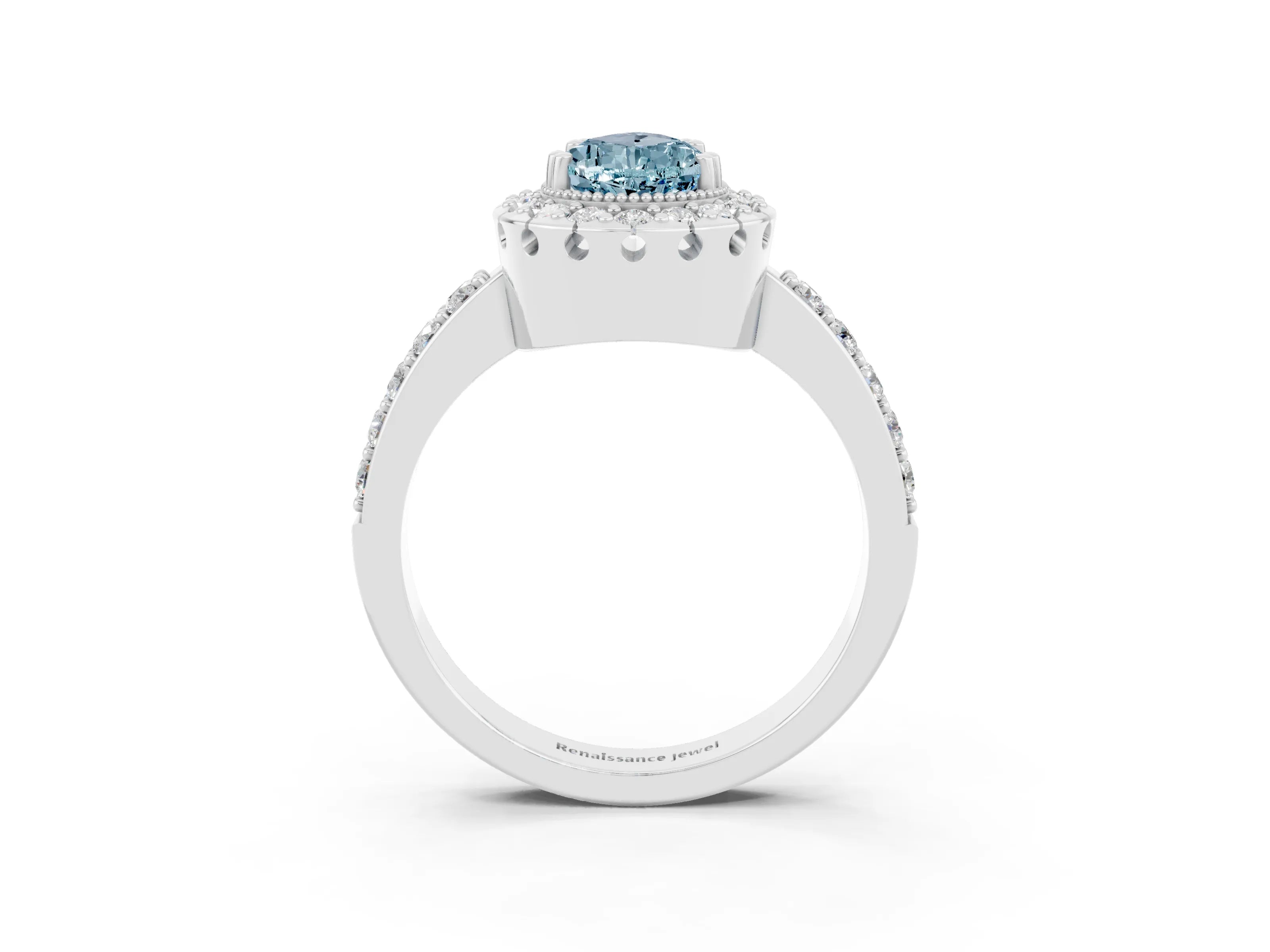 White gold Pear Cut Aquamarine Halo Ring with Pavé Band and Prong Setting_3