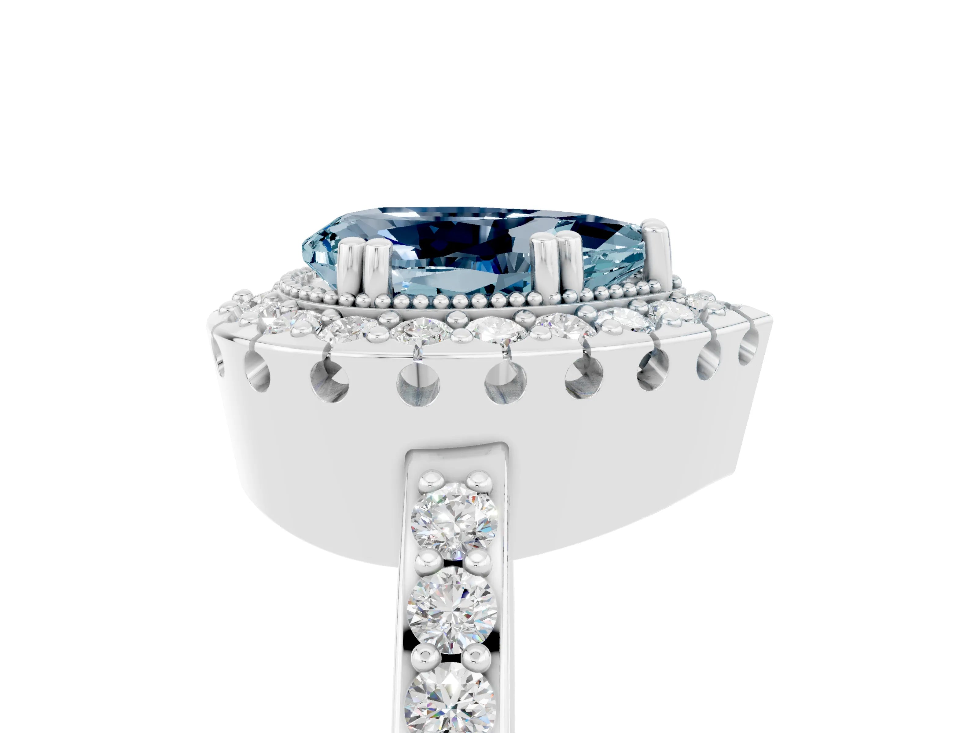 White gold Pear Cut Aquamarine Halo Ring with Pavé Band and Prong Setting_5