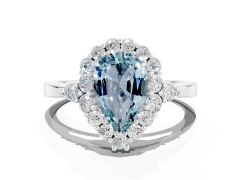 White gold Pear Cut Aquamarine Halo Ring with Pear Side Stones and Prong Setting_24