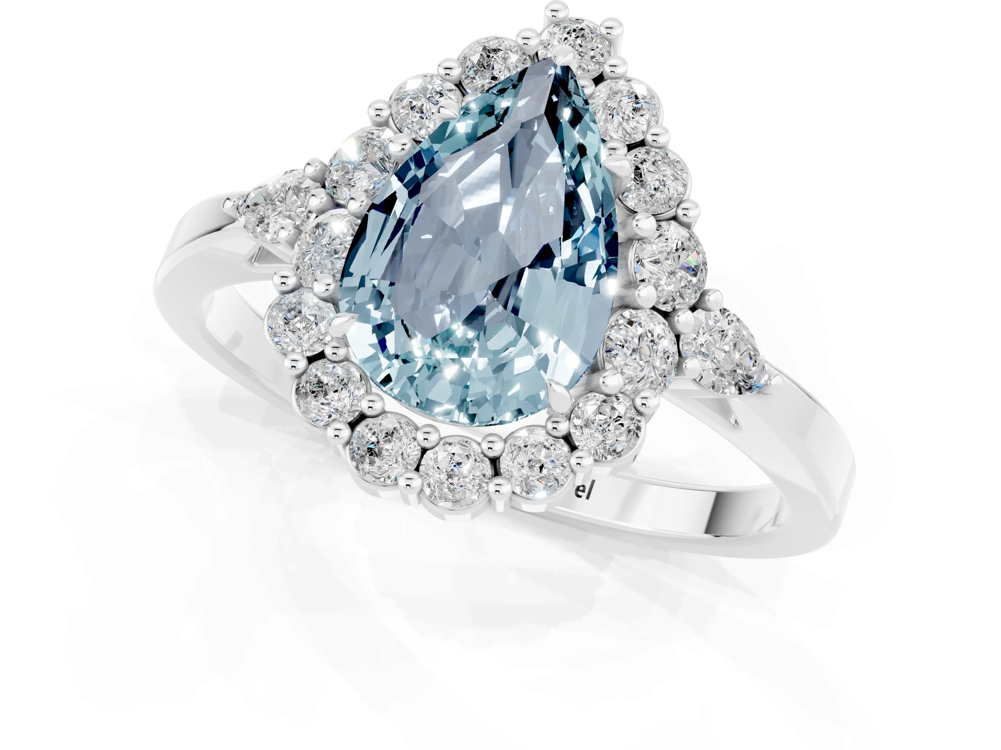 White gold Pear Cut Aquamarine Halo Ring with Pear Side Stones and Prong Setting_25