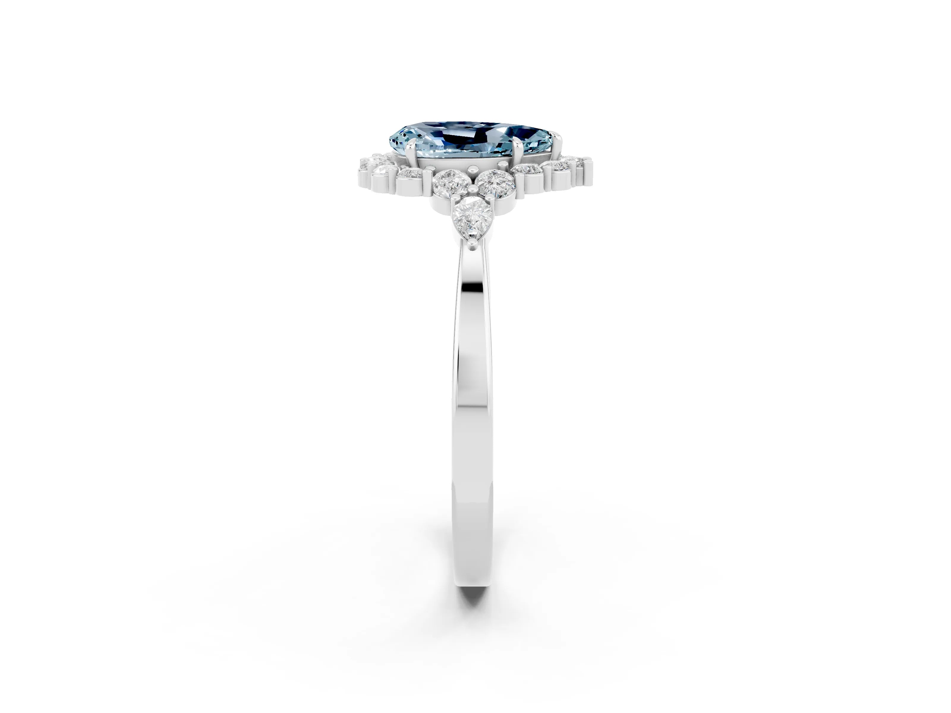 White gold Pear Cut Aquamarine Halo Ring with Pear Side Stones and Prong Setting_26