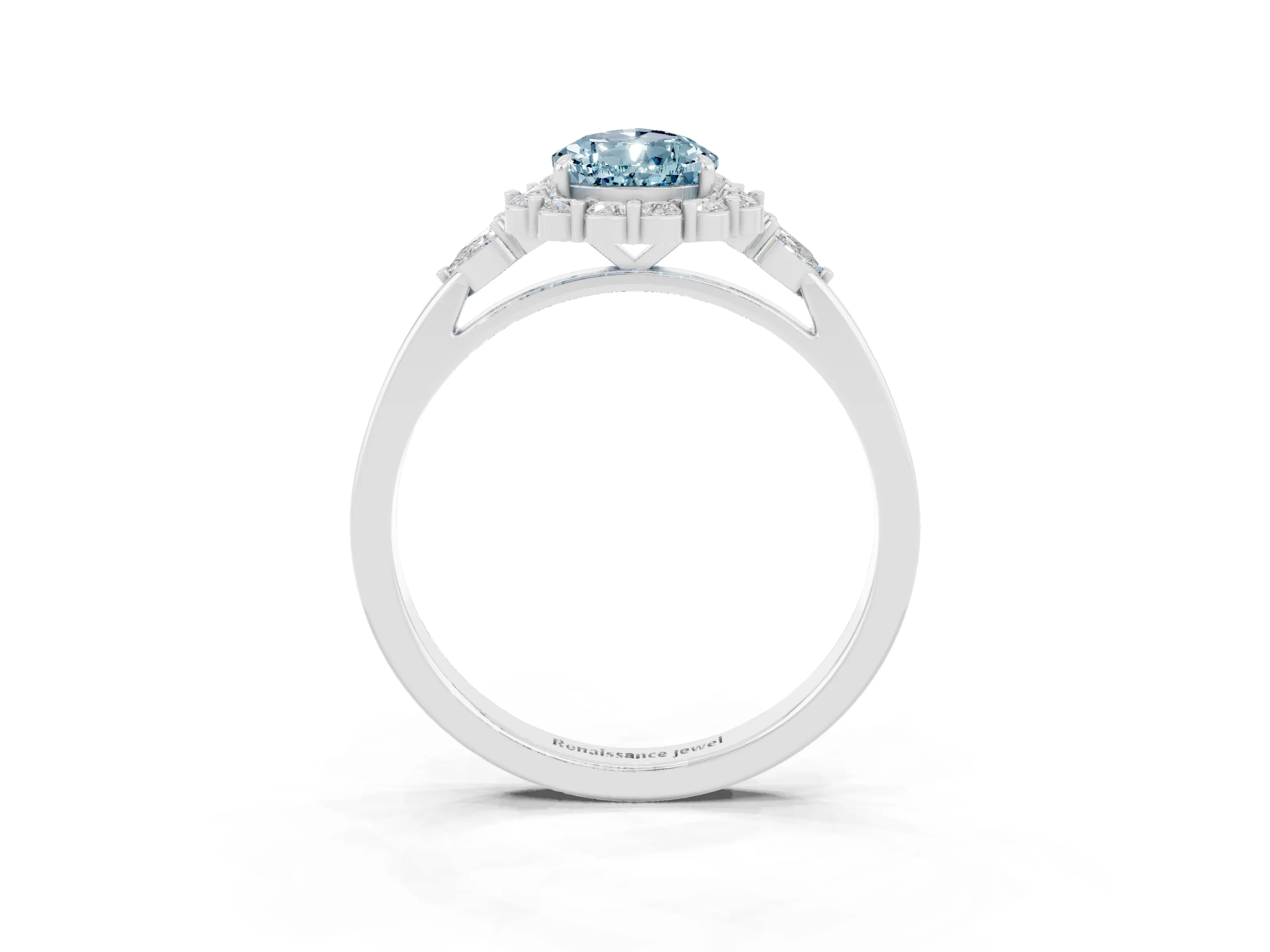 White gold Pear Cut Aquamarine Halo Ring with Pear Side Stones and Prong Setting_27