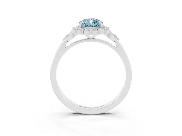 White gold Pear Cut Aquamarine Halo Ring with Pear Side Stones and Prong Setting