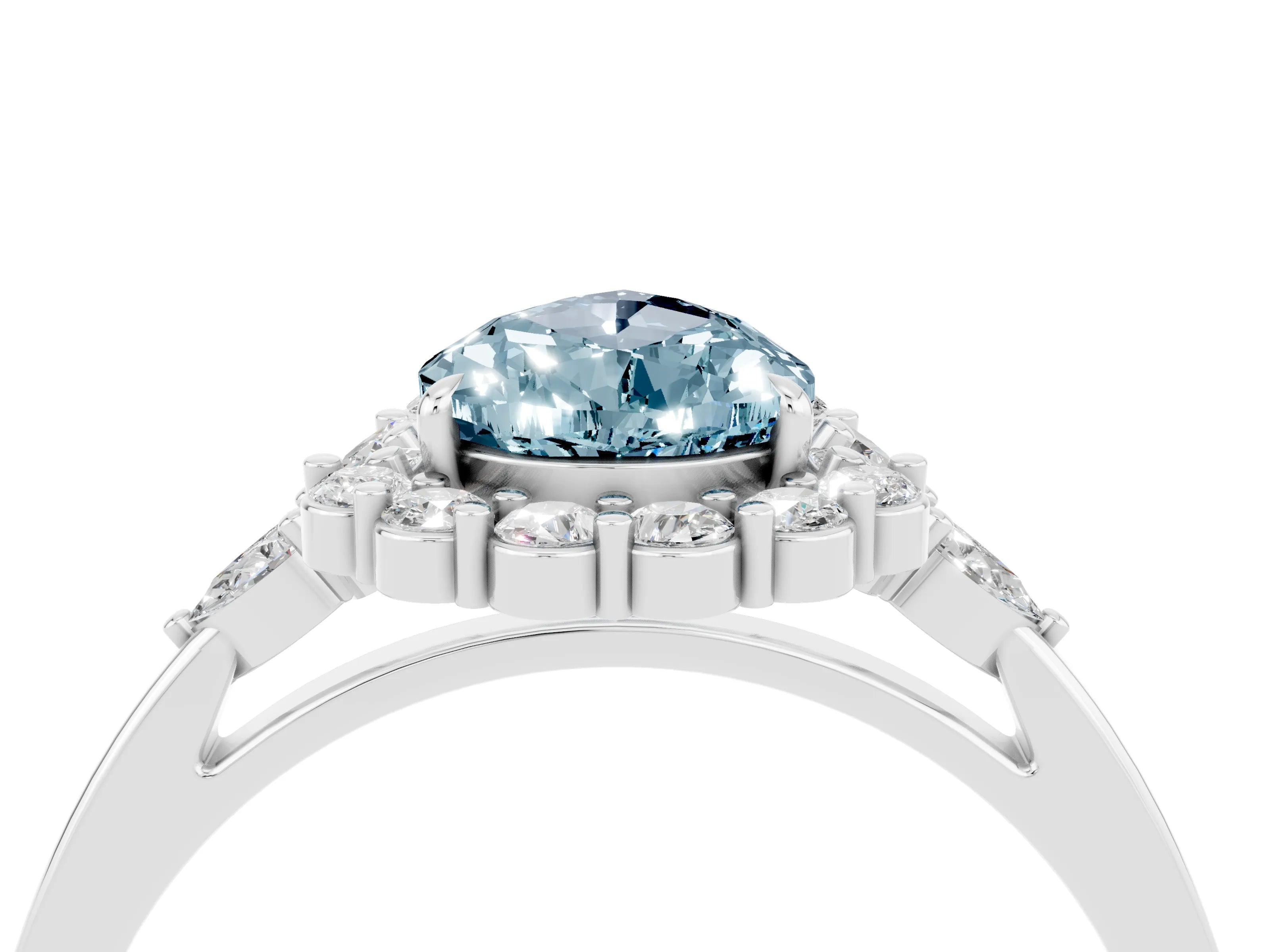 White gold Pear Cut Aquamarine Halo Ring with Pear Side Stones and Prong Setting_28