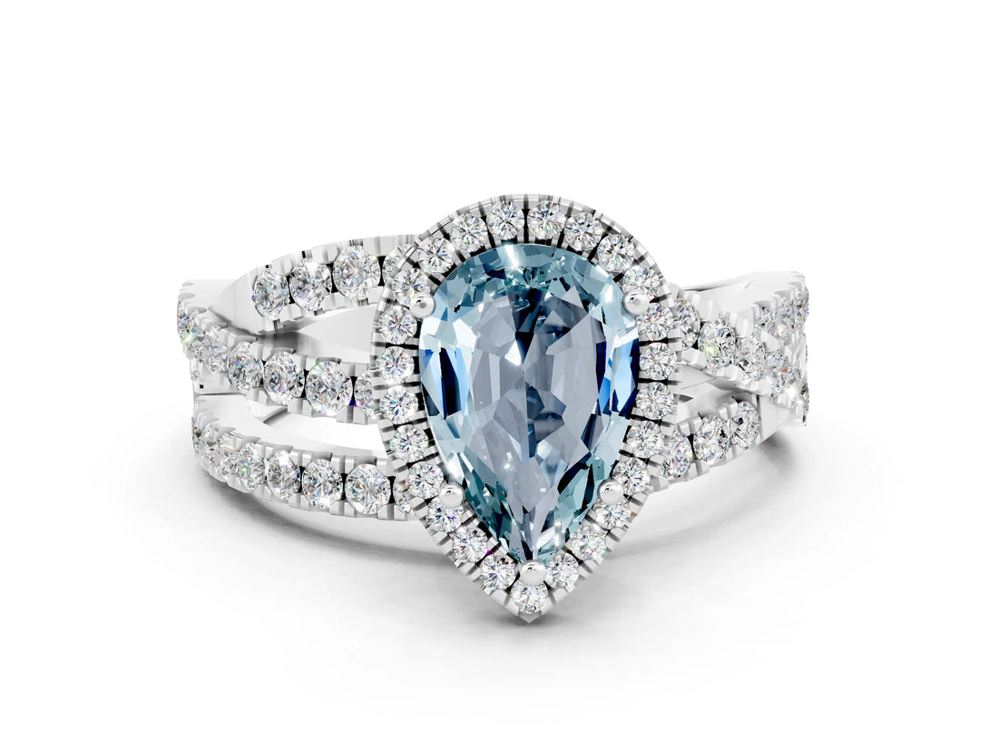 White gold Pear Cut Aquamarine Halo Ring with Round Split Shank and Prong Setting_60