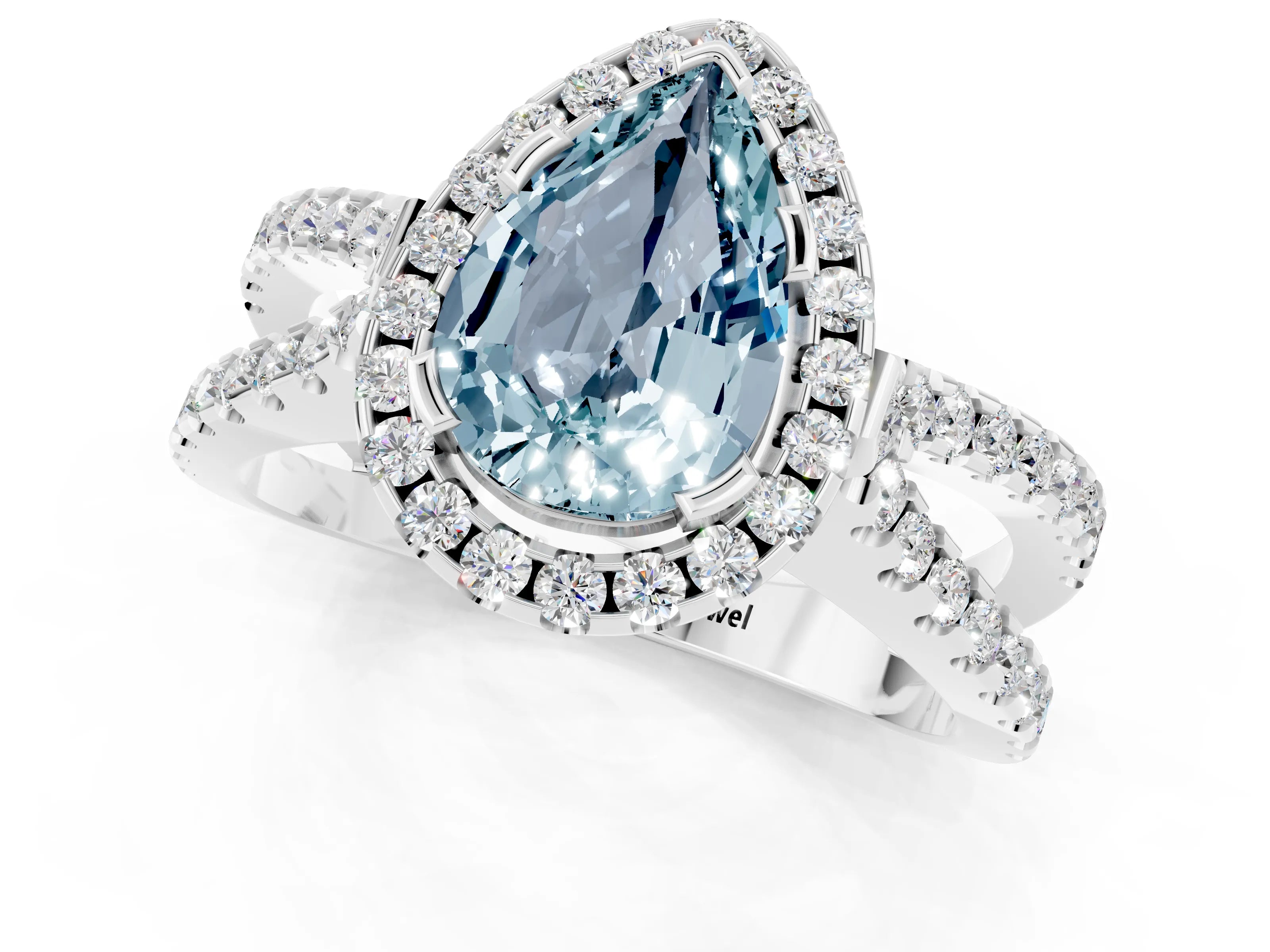 White gold Pear Cut Aquamarine Halo Ring with Split Shank Pavé Band and Prong Setting_1