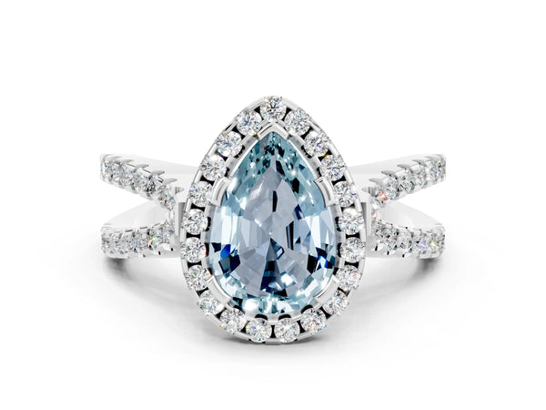 White gold Pear Cut Aquamarine Halo Ring with Split Shank Pavé Band and Prong Setting