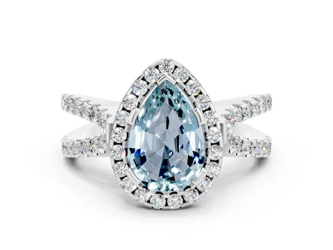White gold Pear Cut Aquamarine Halo Ring with Split Shank Pavé Band and Prong Setting