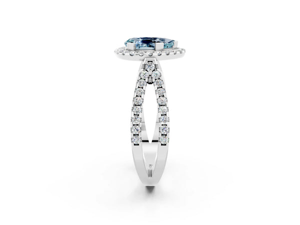White gold Pear Cut Aquamarine Halo Ring with Split Shank Pavé Band and Prong Setting