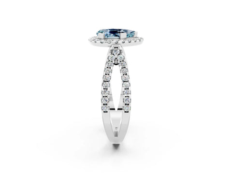 White gold Pear Cut Aquamarine Halo Ring with Split Shank Pavé Band and Prong Setting_2