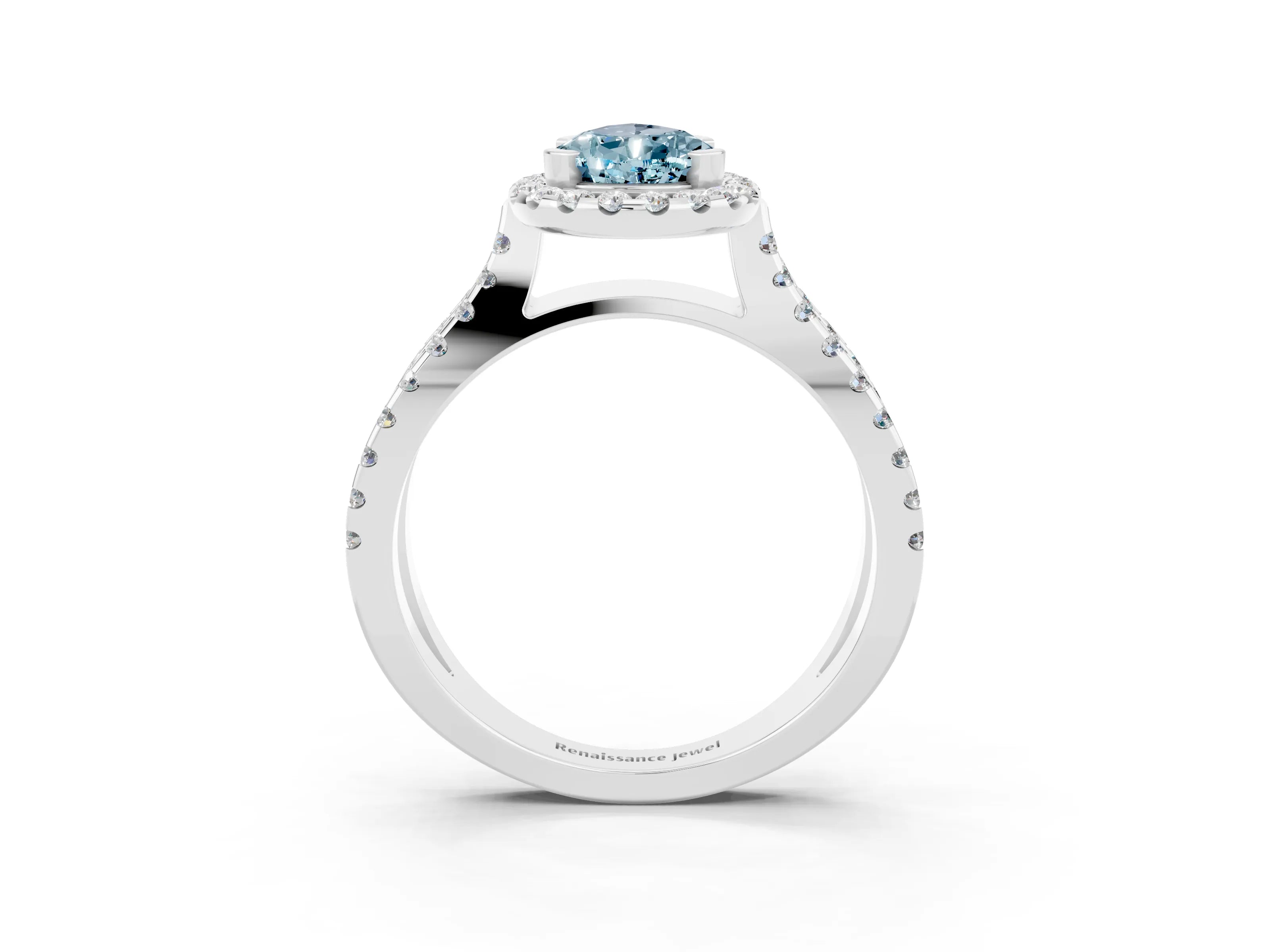 White gold Pear Cut Aquamarine Halo Ring with Split Shank Pavé Band and Prong Setting_3