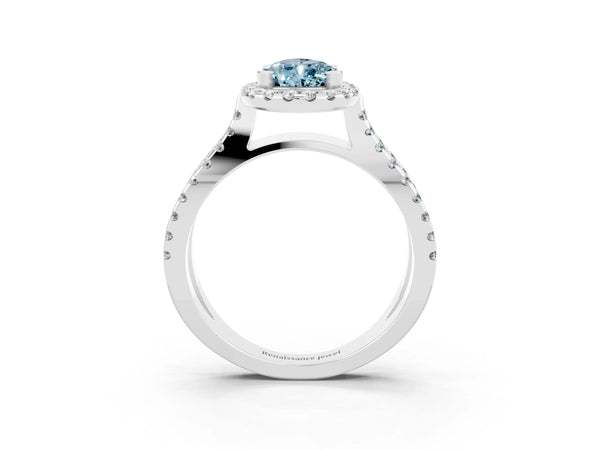 Platinum Pear Cut Aquamarine Halo Ring with Split Shank Pavé Band and Prong Setting