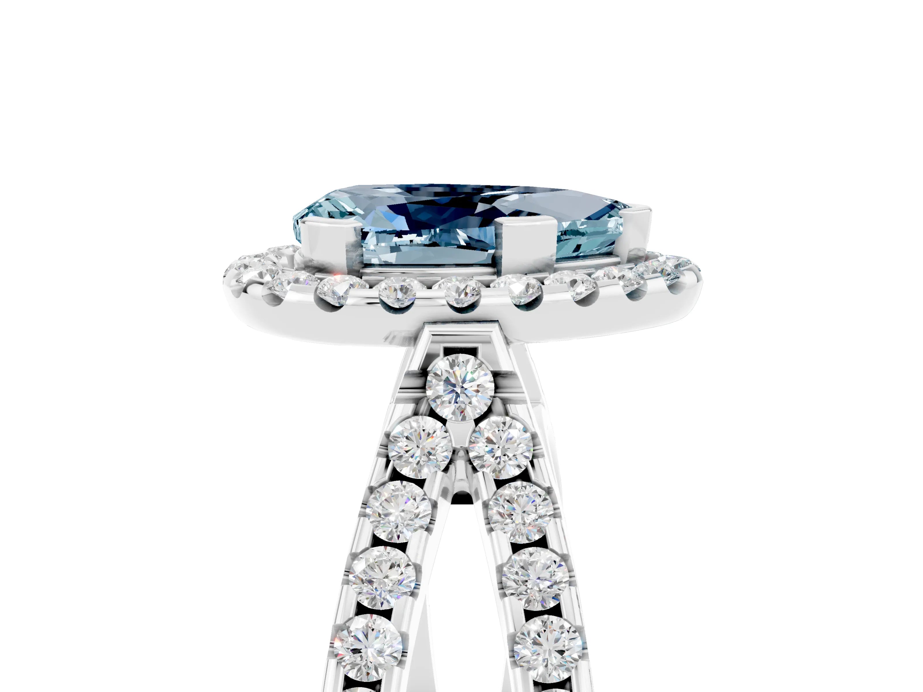 White gold Pear Cut Aquamarine Halo Ring with Split Shank Pavé Band and Prong Setting_5