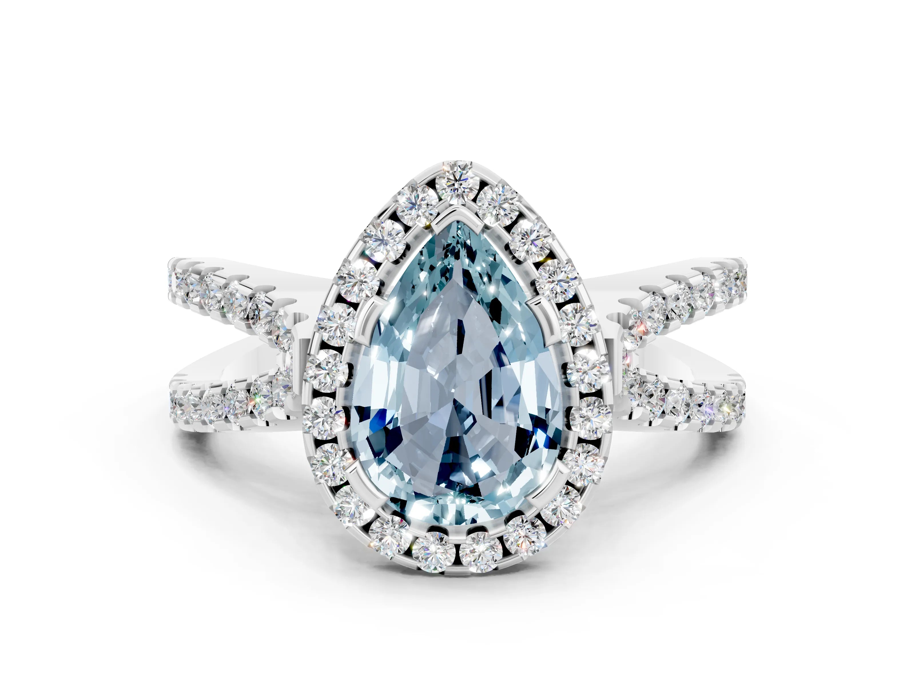 White gold Pear Cut Aquamarine Halo Ring with Split Shank Pavé Band and Prong Setting