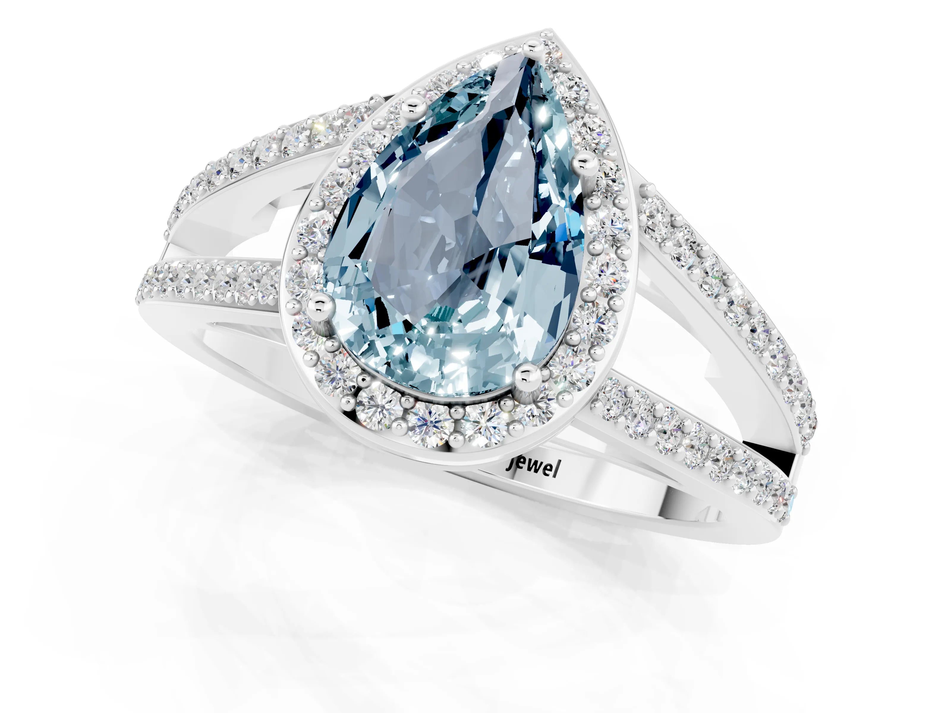 White gold Pear Cut Aquamarine Halo Ring with Split Shank U-Prong Band and Four-Prong Setting_1
