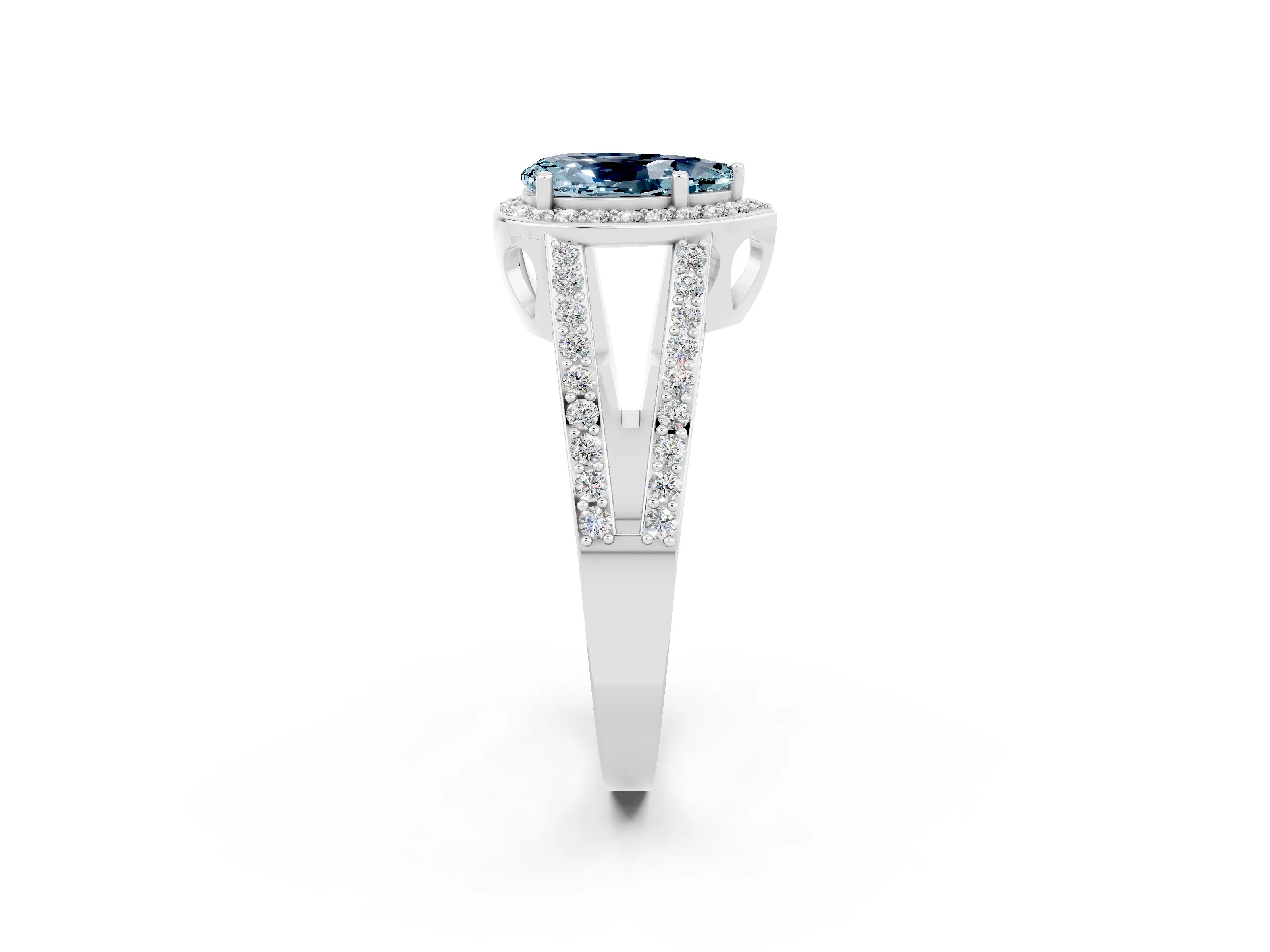 White gold Pear Cut Aquamarine Halo Ring with Split Shank U-Prong Band and Four-Prong Setting_2