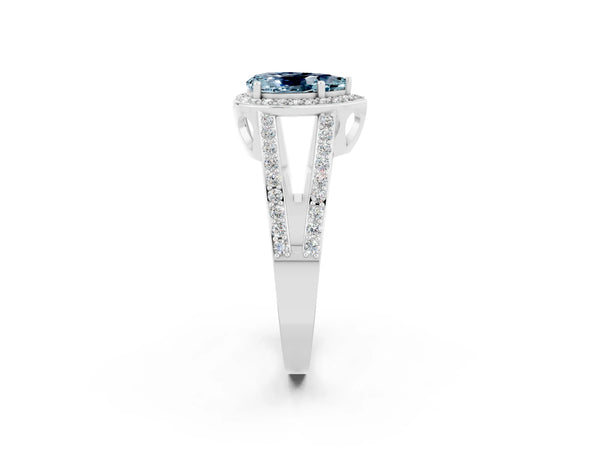 Platinum Pear Cut Aquamarine Halo Ring with Split Shank U-Prong Band and Four-Prong Setting
