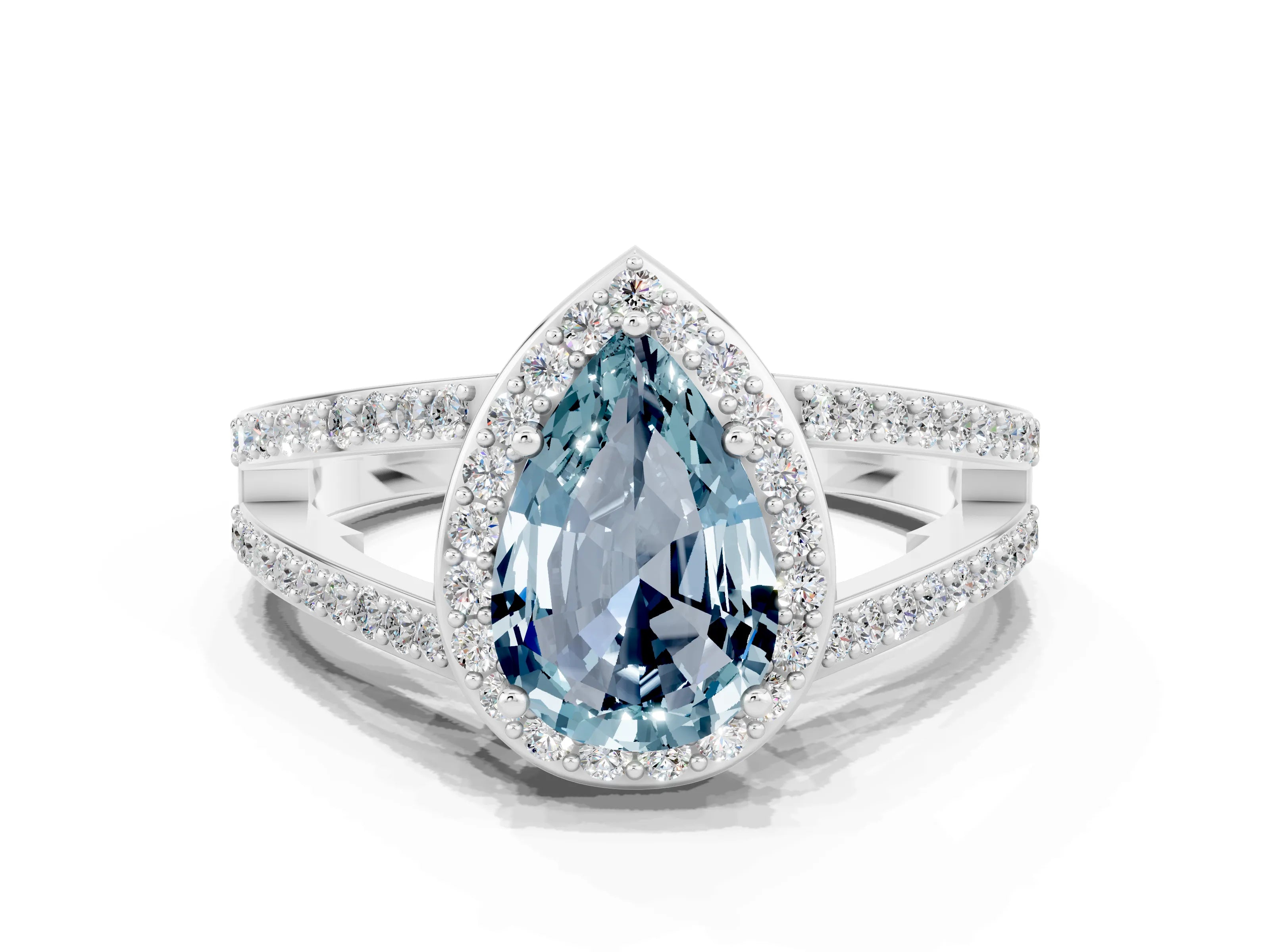 White gold Pear Cut Aquamarine Halo Ring with Split Shank U-Prong Band and Four-Prong Setting