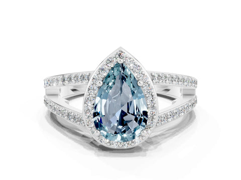 White gold Pear Cut Aquamarine Halo Ring with Split Shank U-Prong Band and Four-Prong Setting