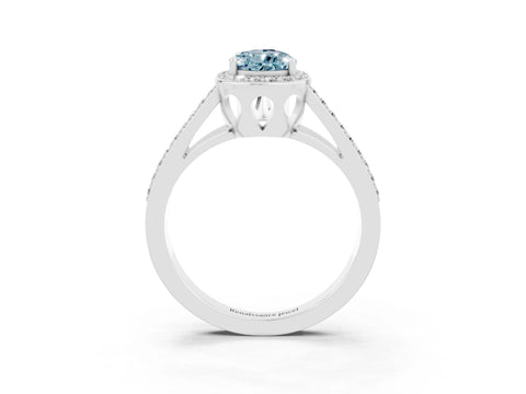 White gold Pear Cut Aquamarine Halo Ring with Split Shank U-Prong Band and Four-Prong Setting_3