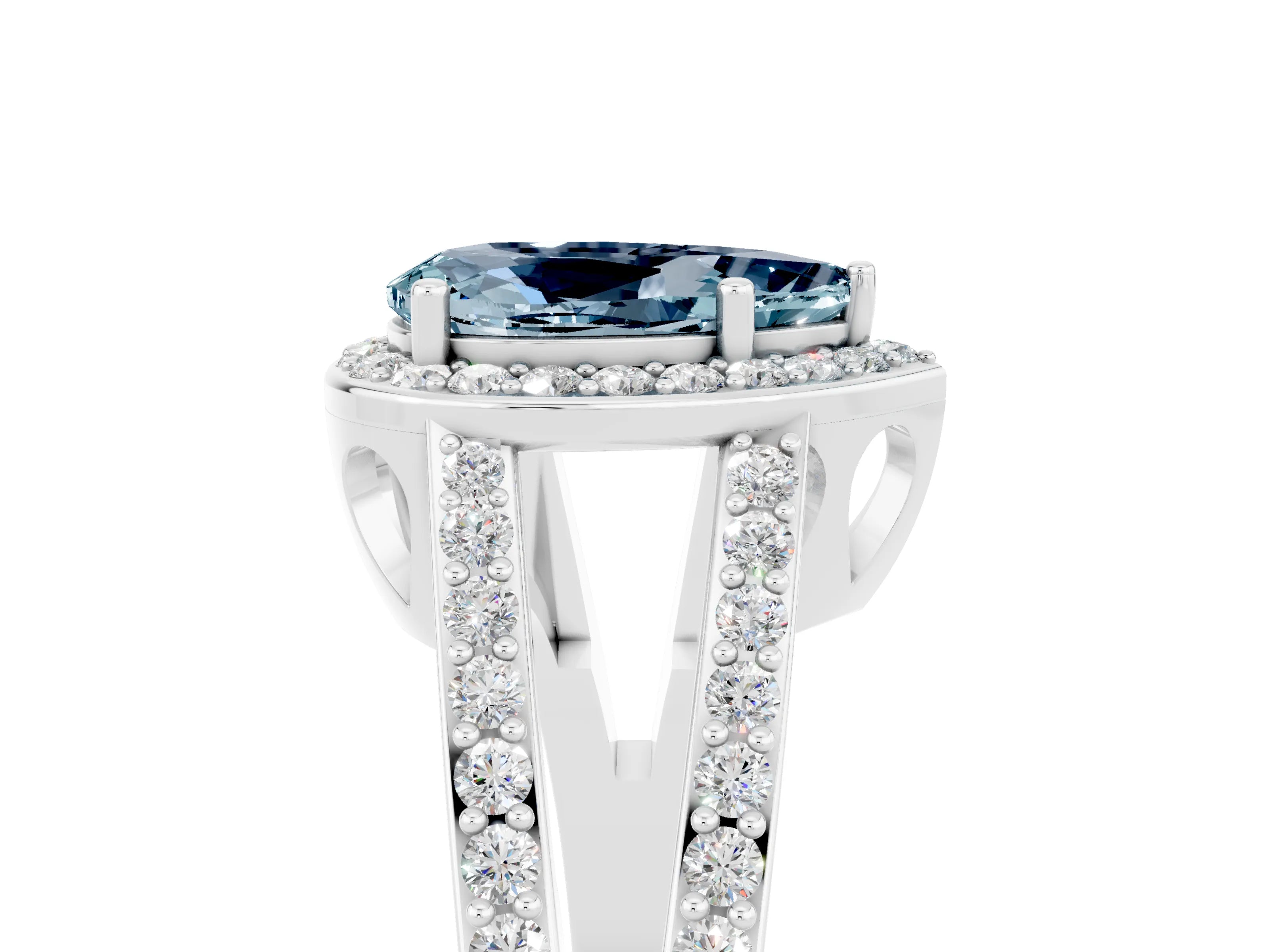 White gold Pear Cut Aquamarine Halo Ring with Split Shank U-Prong Band and Four-Prong Setting_5