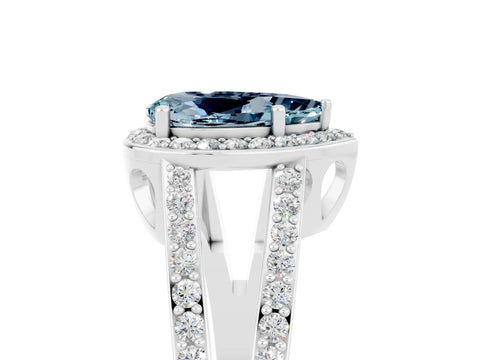 White gold Pear Cut Aquamarine Halo Ring with Split Shank U-Prong Band and Four-Prong Setting_5