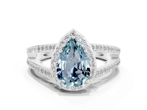 Silver Pear Cut Aquamarine Halo Ring with Split Shank U-Prong Band and Four-Prong Setting