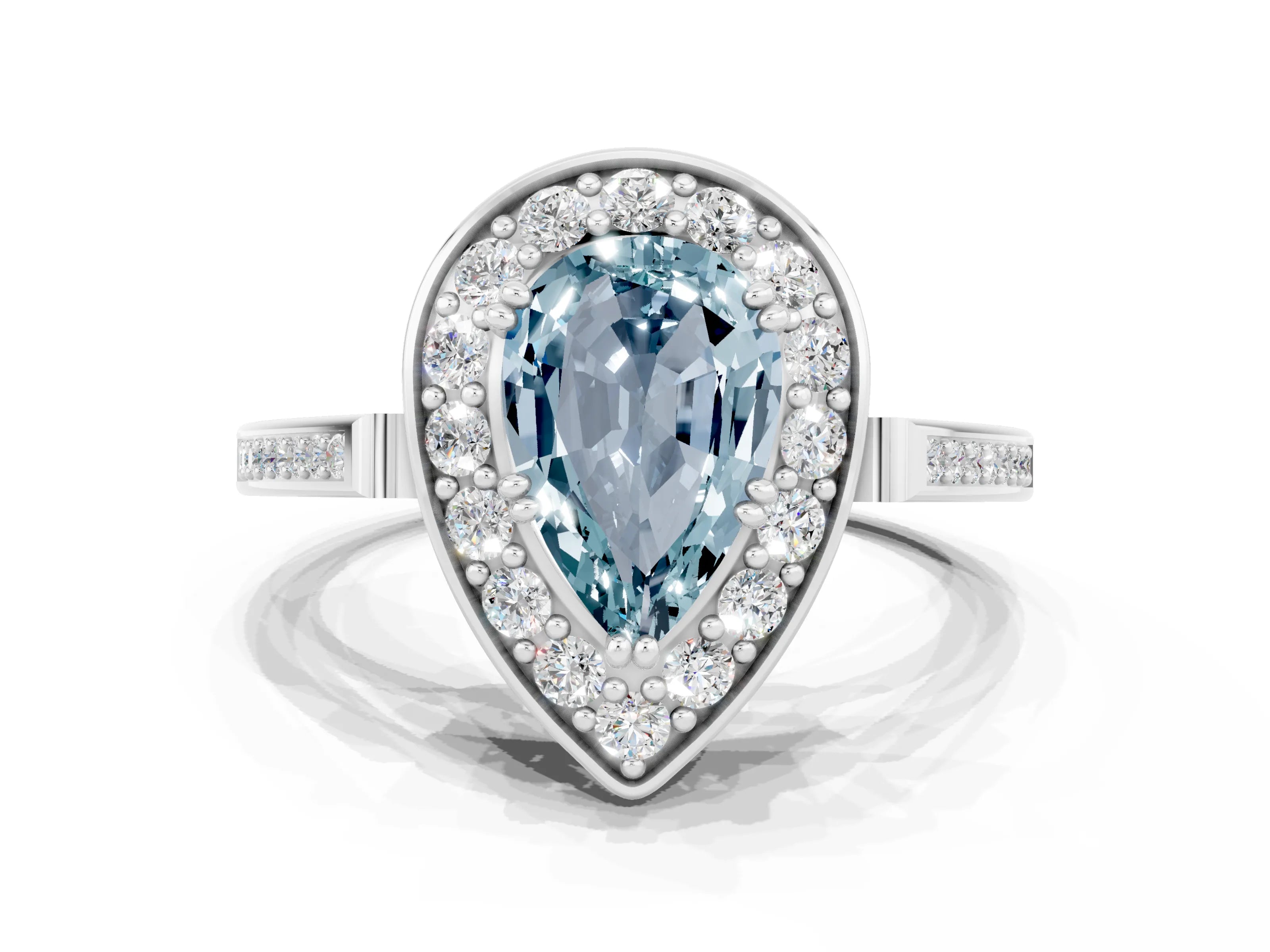 White gold Pear Cut Aquamarine Halo Ring with Split Shank and Four-Prong Setting
