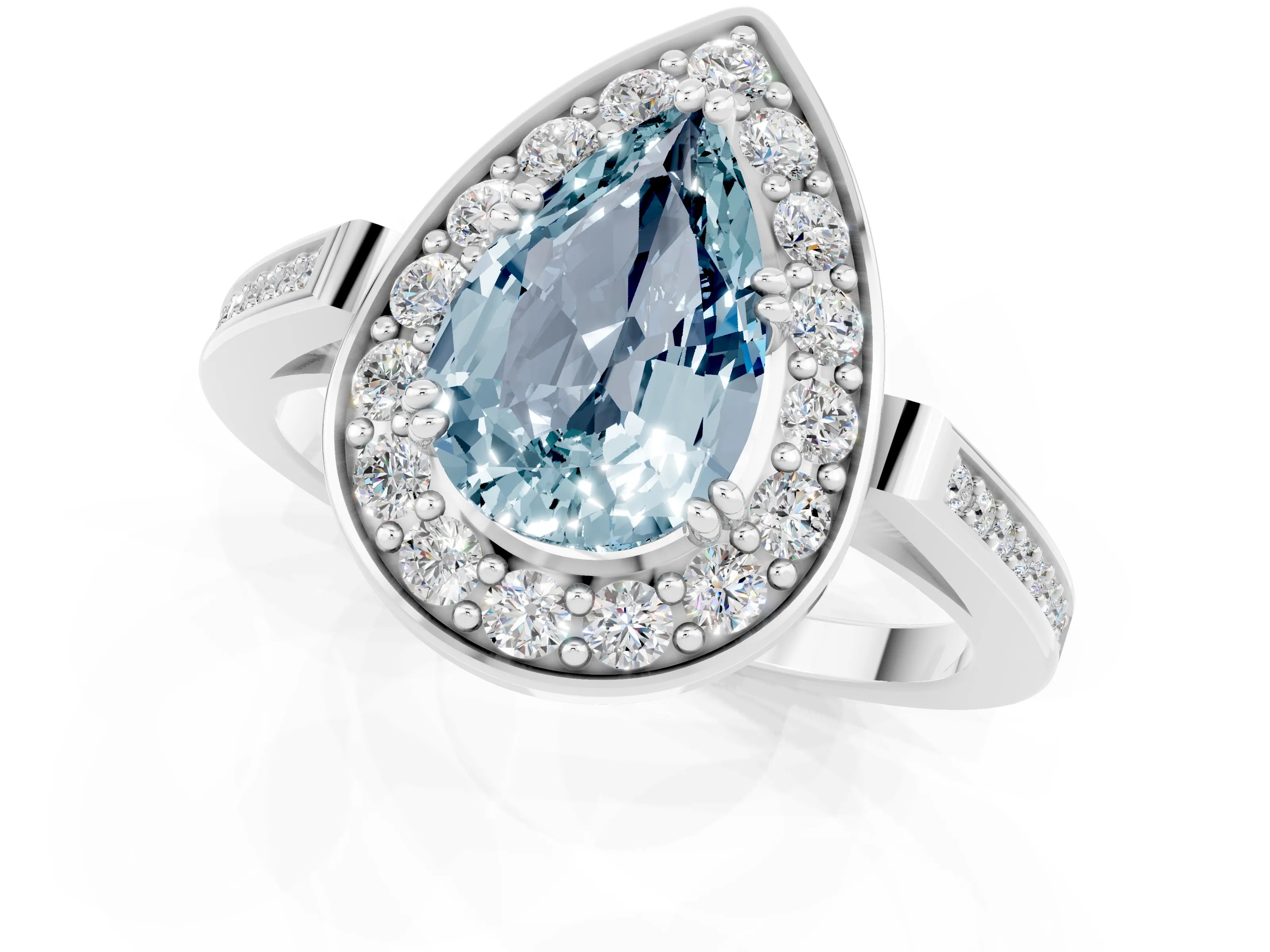 White gold Pear Cut Aquamarine Halo Ring with Split Shank and Four-Prong Setting_1