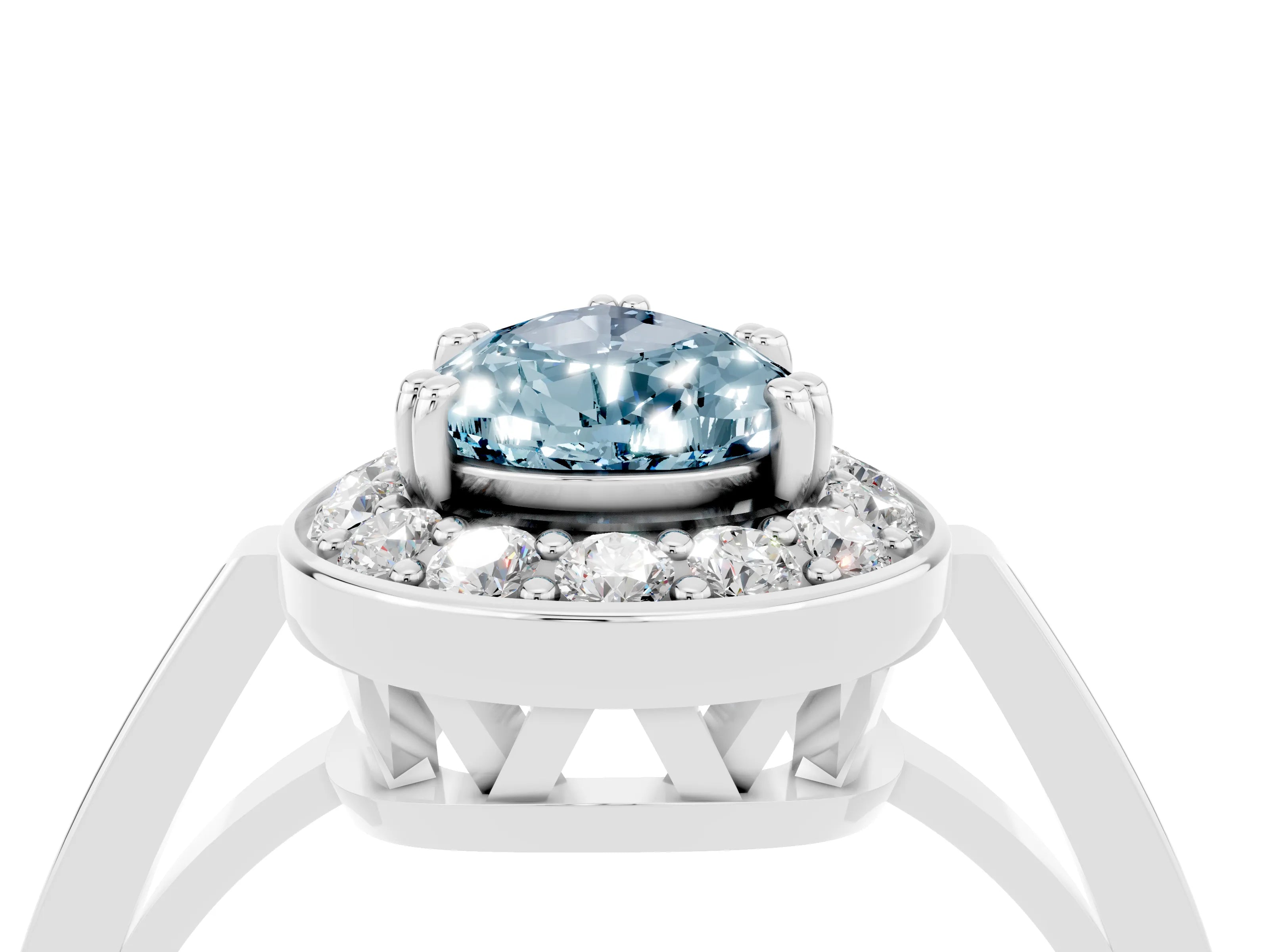 White gold Pear Cut Aquamarine Halo Ring with Split Shank and Four-Prong Setting_16