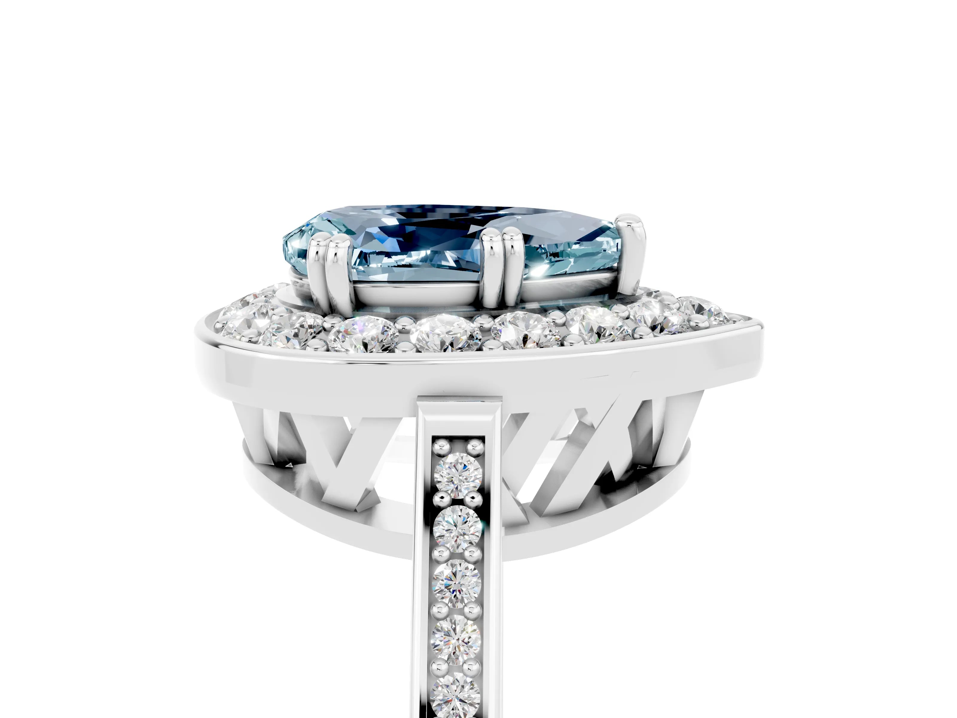 White gold Pear Cut Aquamarine Halo Ring with Split Shank and Four-Prong Setting_17