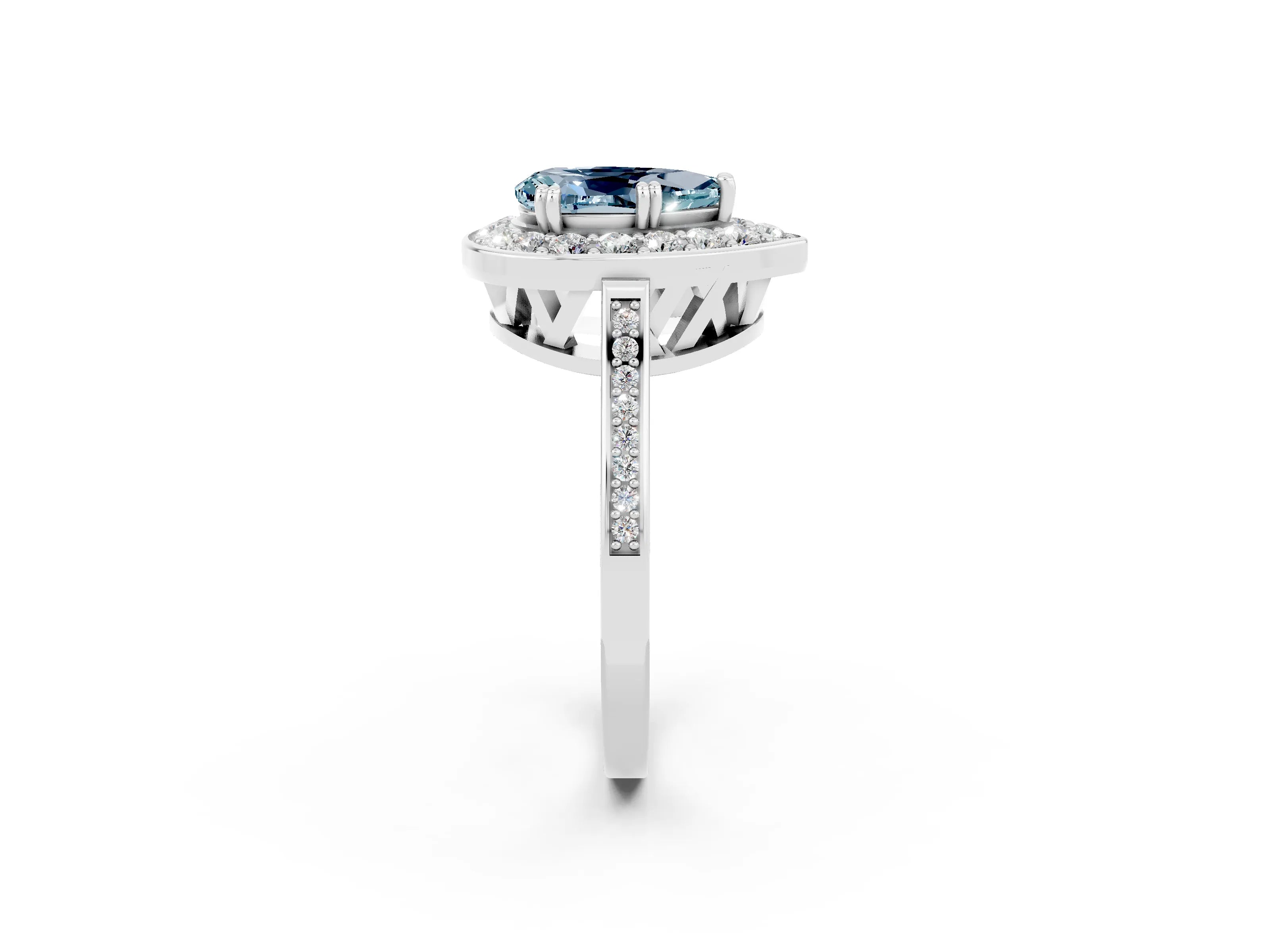 White gold Pear Cut Aquamarine Halo Ring with Split Shank and Four-Prong Setting_2