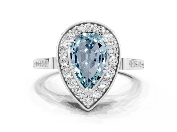 Silver Pear Cut Aquamarine Halo Ring with Split Shank and Four-Prong Setting
