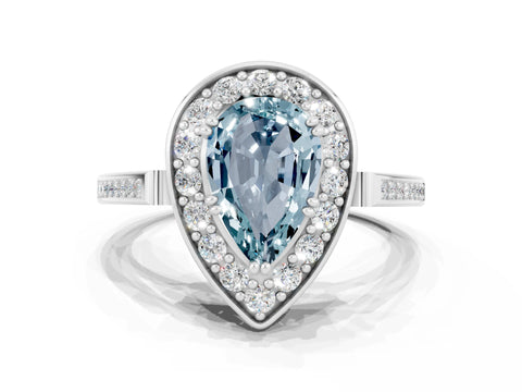 White gold Pear Cut Aquamarine Halo Ring with Split Shank and Four-Prong Setting