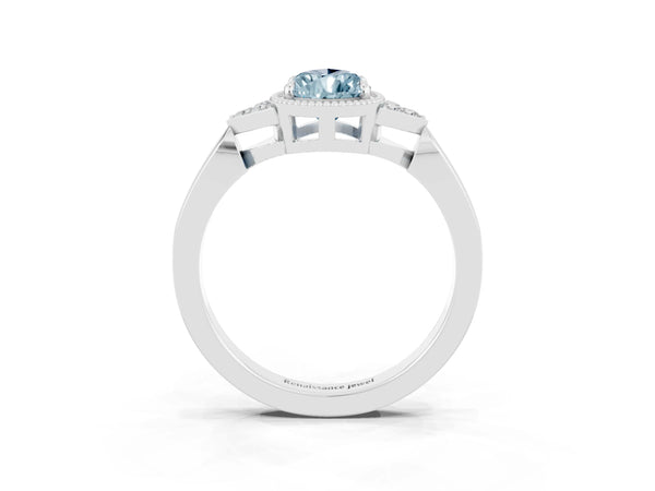 Platinum Pear Cut Aquamarine Halo Ring with Tapered Band and Four-Prong Setting